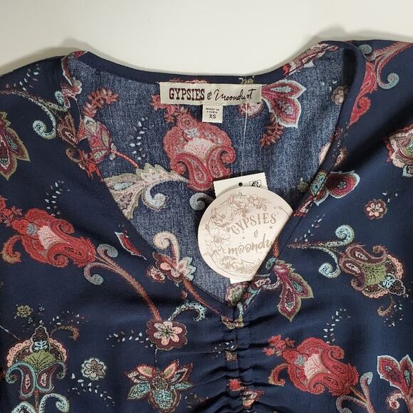 Gypsies & Moondust Blue / Pink Ruched-Front Floral Top Blouse XS - Picture 5 of 5